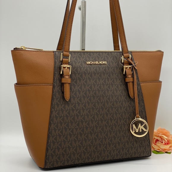 MICHAEL KORS CHARLOTTE LARGE TOP ZIP TOTE BROWN - Picture 9 of 16
